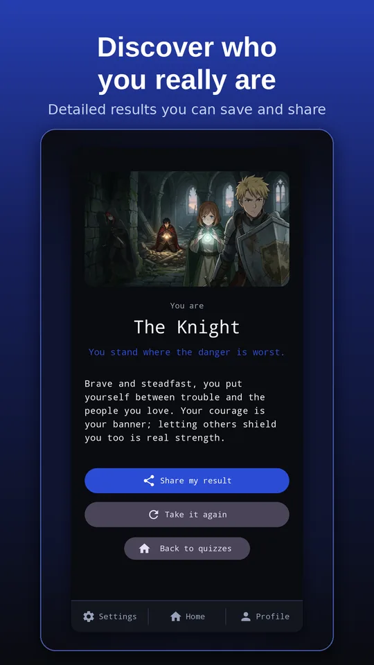 A quiz result revealing the Knight, with an original illustrated character