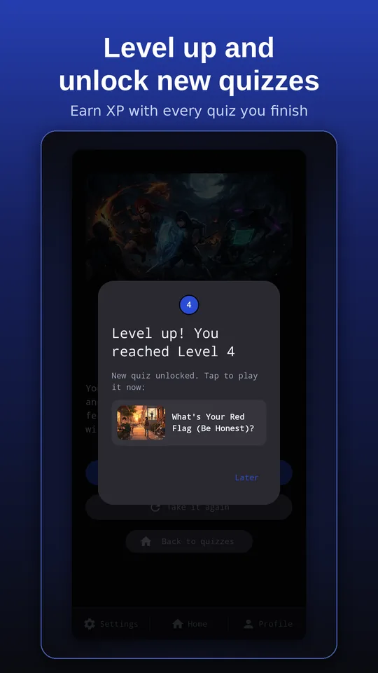 A level up message unlocking a new quiz