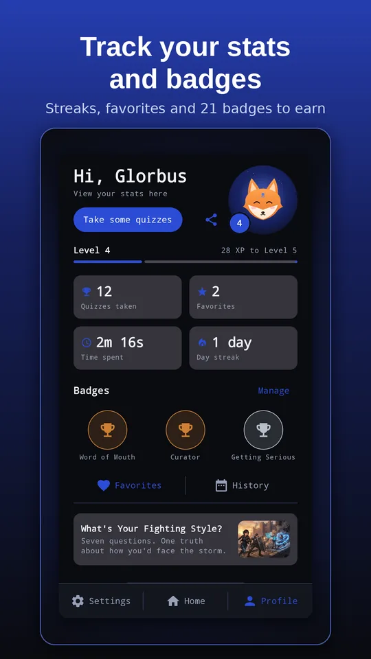The profile screen with level, stats and badges